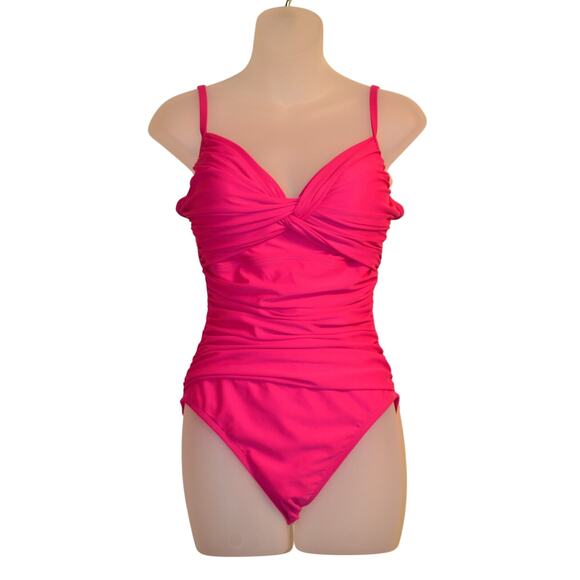 Hilor Women's 8 Ruched Twist Front One Piece Swimsuit Tummy Control Hot Pink NWT - Picture 1 of 12